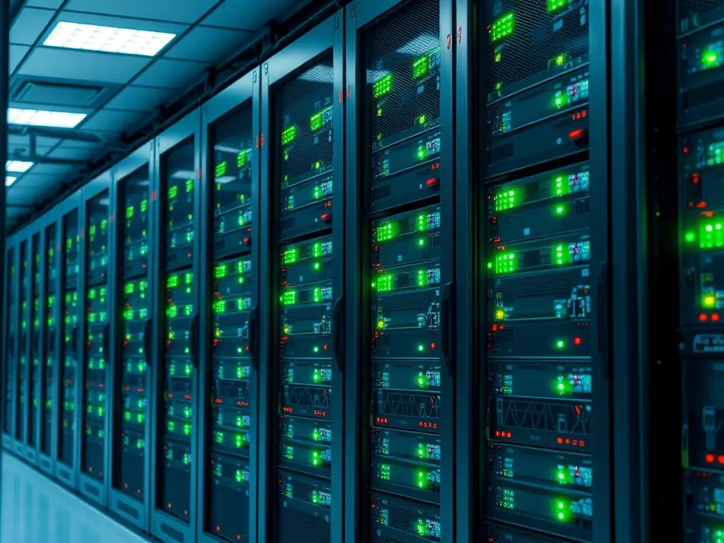 A secure server room with blinking lights, symbolizing enhanced security measures and data protection provided by an RMM package.